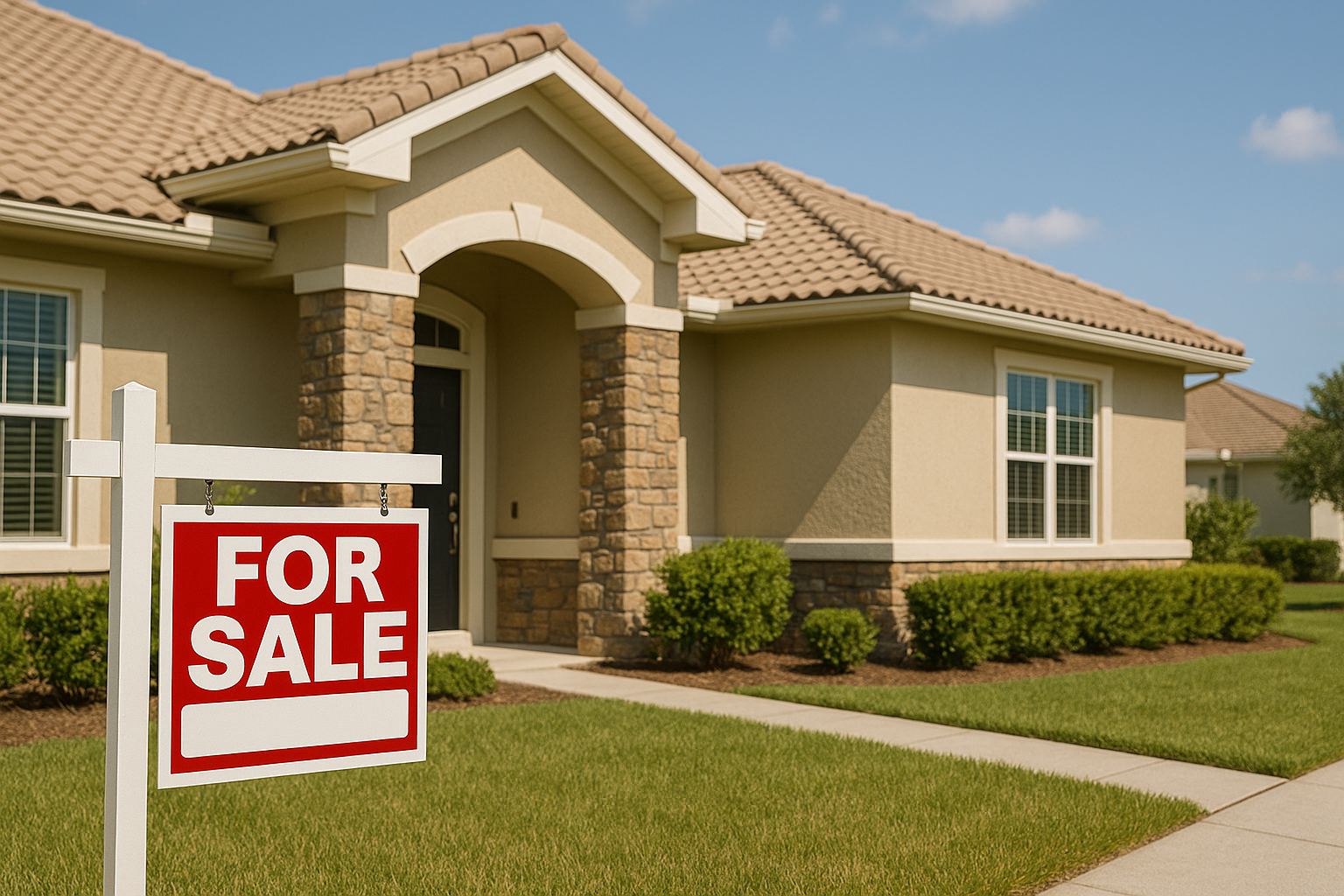 Single-story Florida-style home with &lsquo;For Sale&rsquo; sign, representing relocation to The Villages FL.
