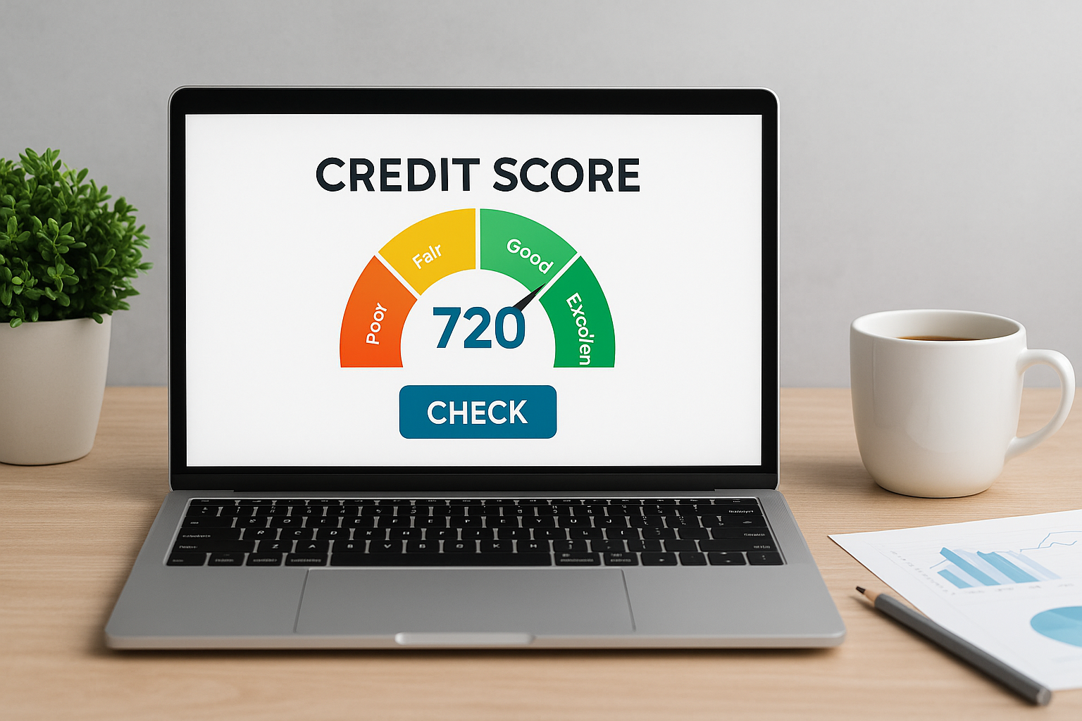 Laptop on desk displaying a credit score gauge with financial papers, plant, and coffee mug &mdash; symbolizing preparing credit before buying a Florida home.
