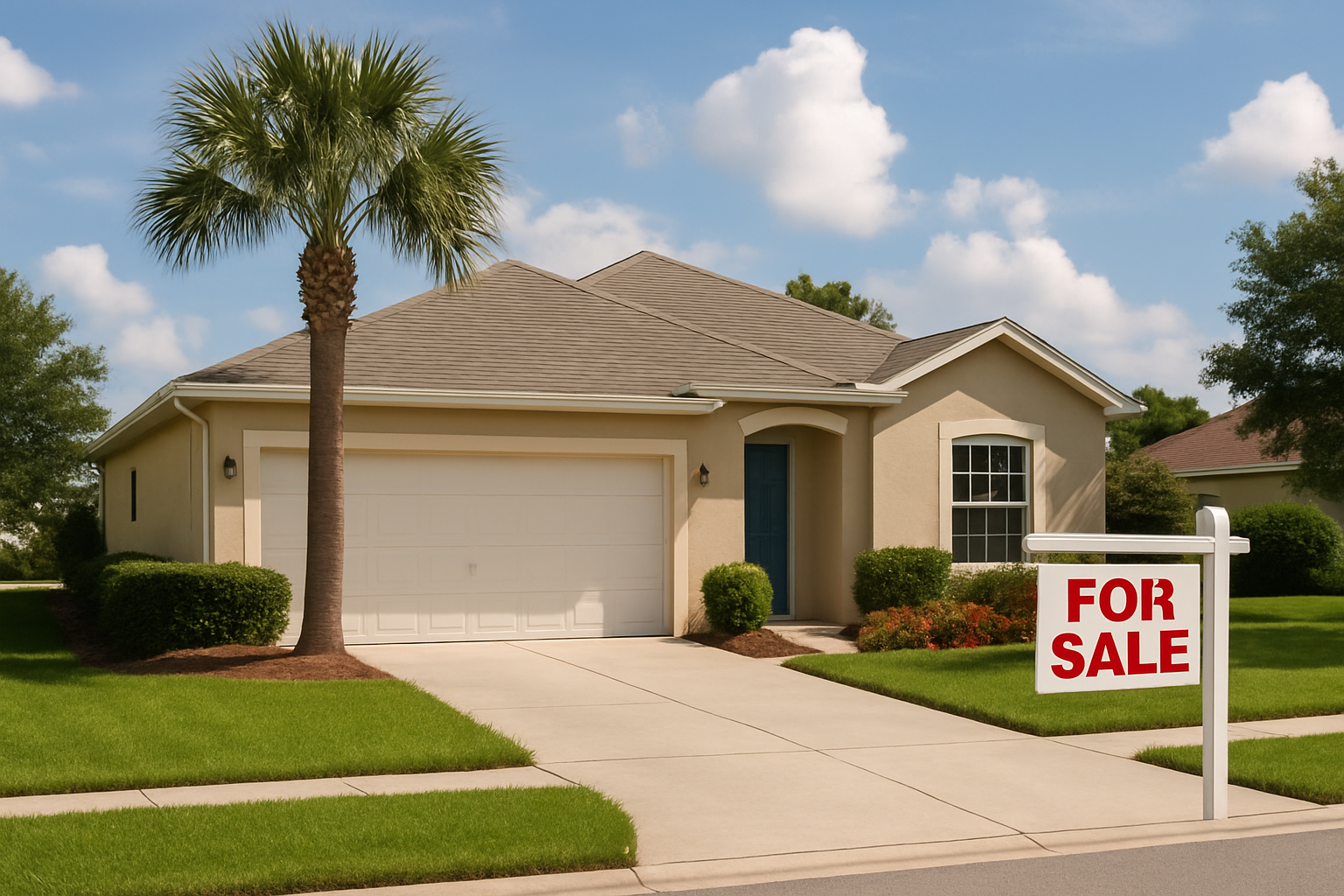 Florida single-story home with palm tree and for sale sign, representing 2025 foreclosure market trends.