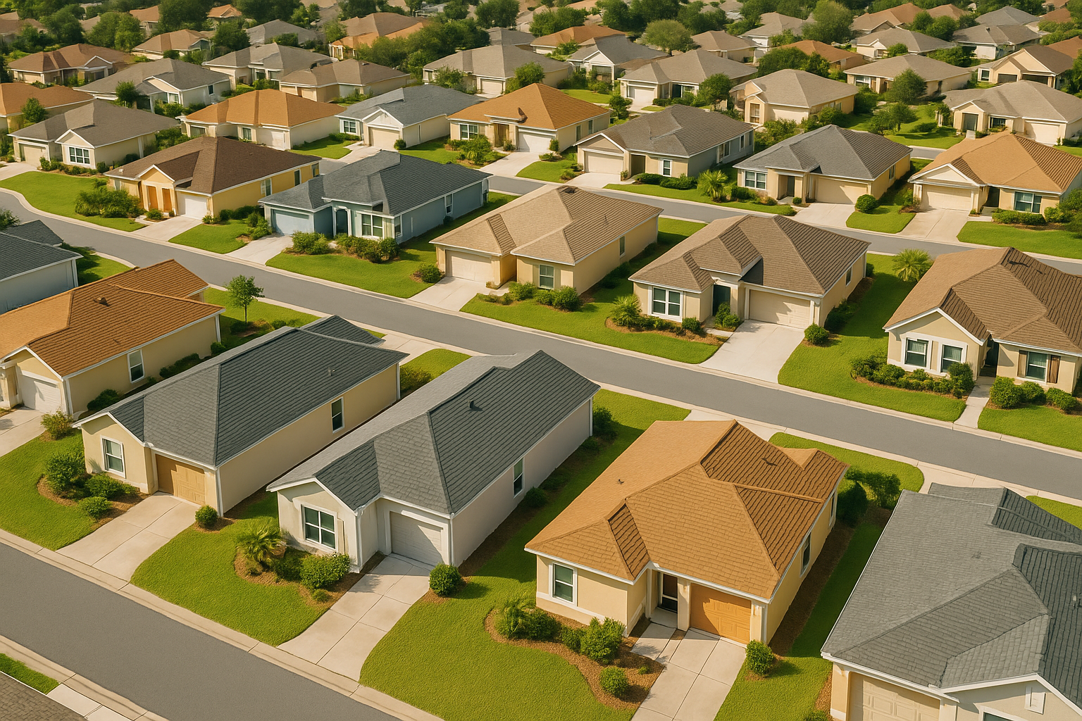 Aerial view of a neighborhood in The Villages, Florida, showing curved streets, palm trees, and a mix of single-story homes with varied roof colors and styles.