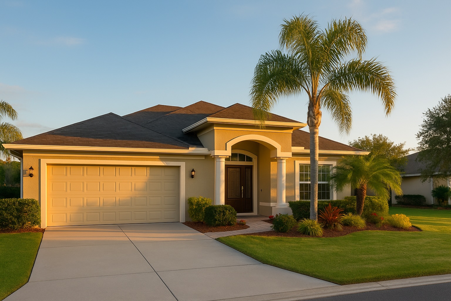 Single-story Florida home in warm golden-hour light with palm trees and manicured landscaping, representing the active winter real estate market in The Villages.