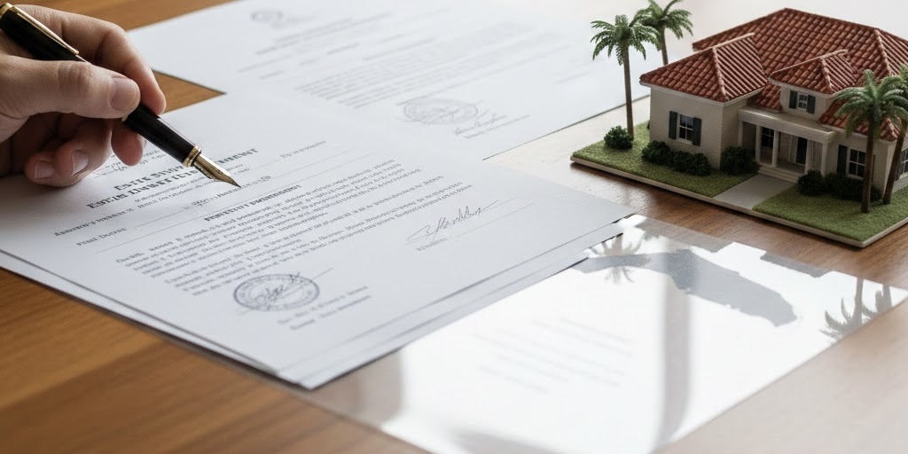 Estate paperwork and a model house symbolizing what happens to a home during probate in Florida.