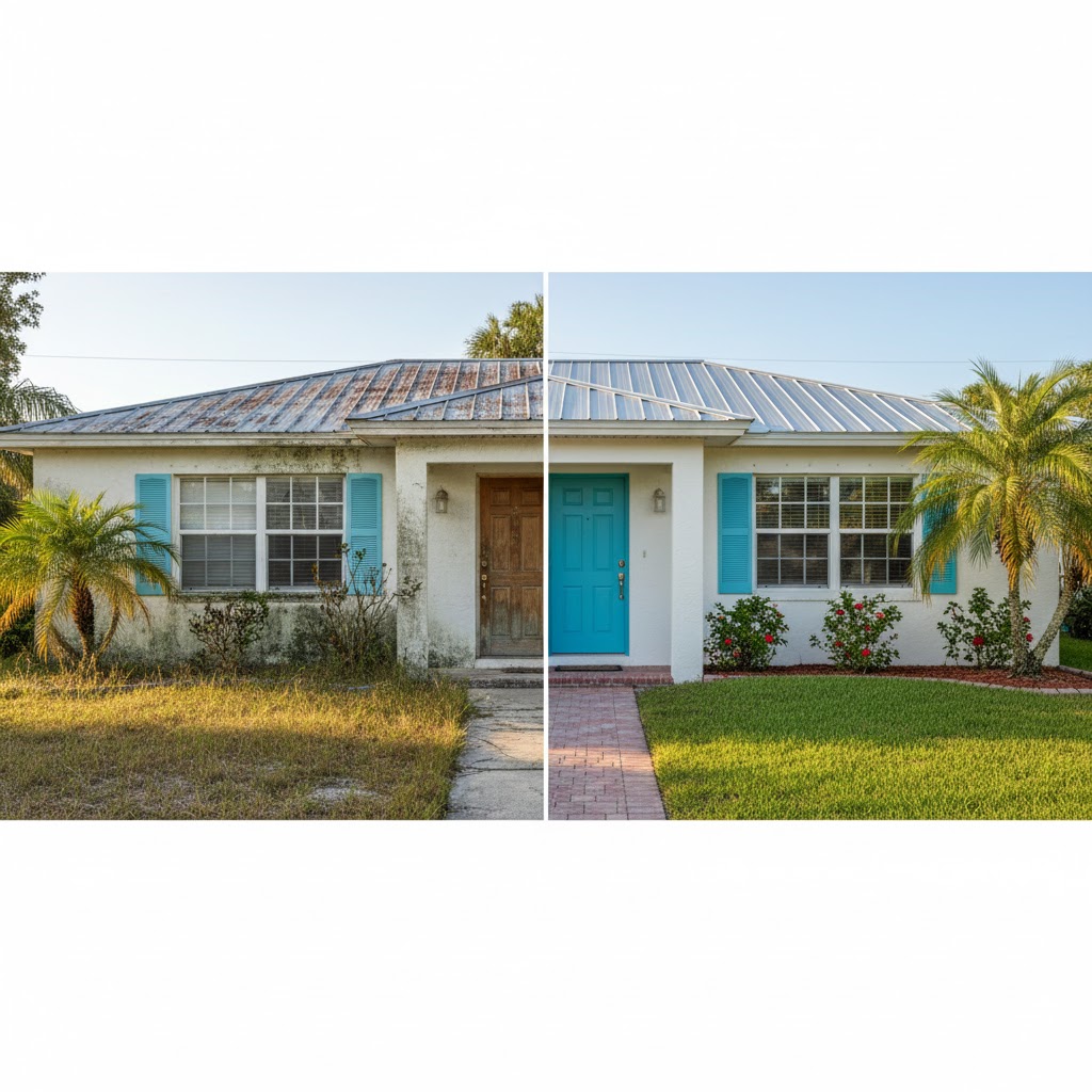 A Florida home shown in both as-is and lightly refreshed condition, illustrating the decision between making repairs or selling an inherited property without updates.