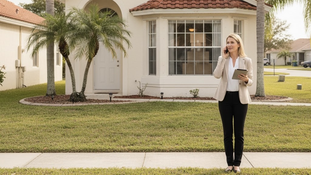 Florida residential home with neatly organized moving boxes visible inside, representing an inherited property being sold by an out-of-state owner