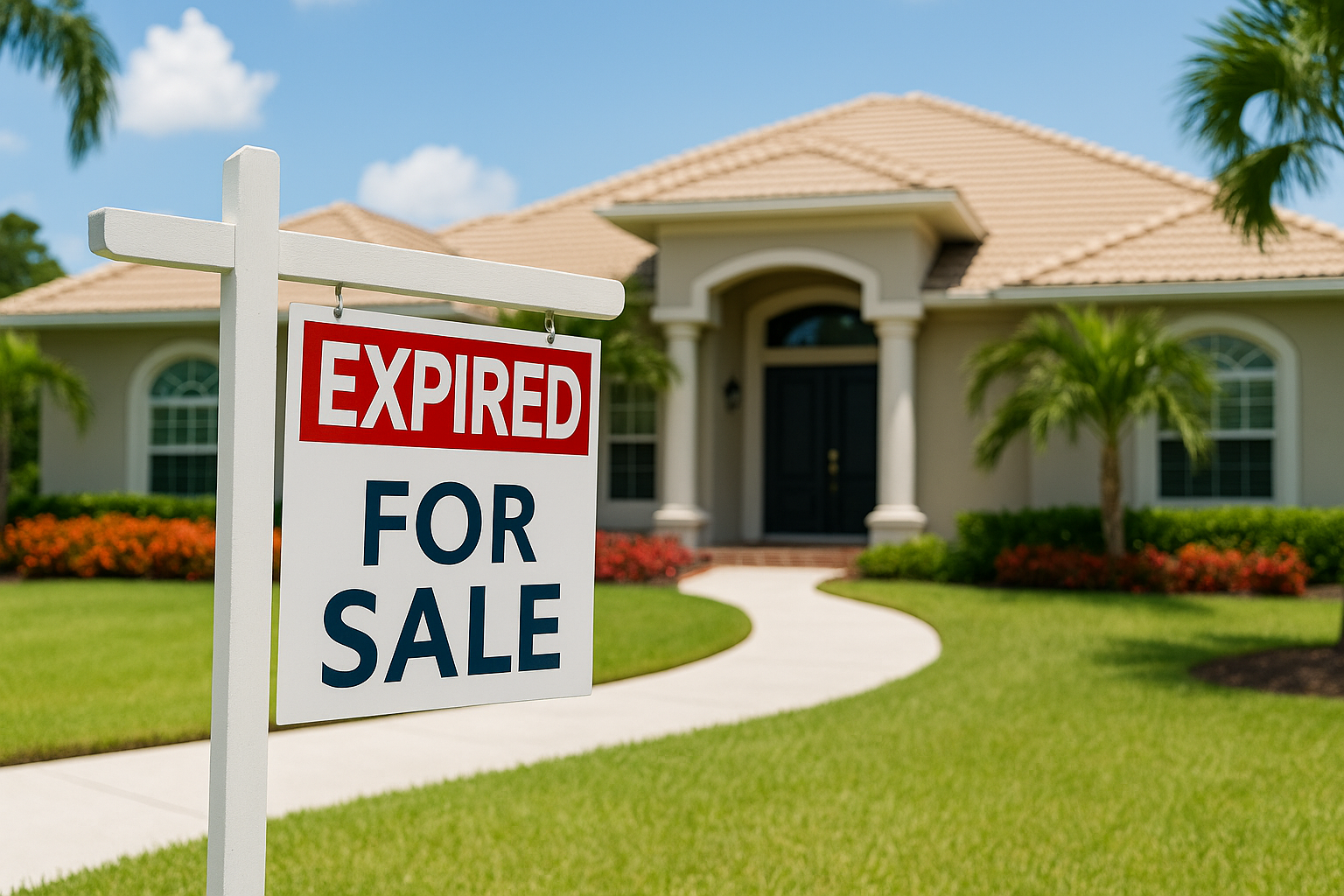 Illustration of a house with a bold red &ldquo;Expired&rdquo; sign across it, symbolizing an unsold real estate listing.