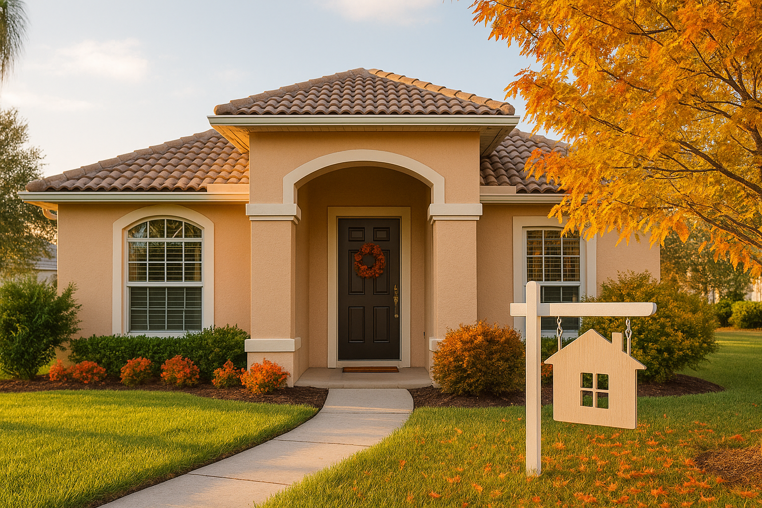 Illustration of a house icon next to a tree with autumn leaves, symbolizing why Fall 2025 is a great time to buy your first home.