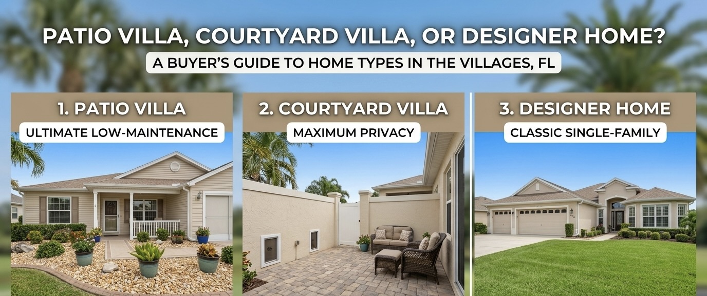 Side-by-side comparison of a Patio Villa, Courtyard Villa, and Designer Home in The Villages, Florida.