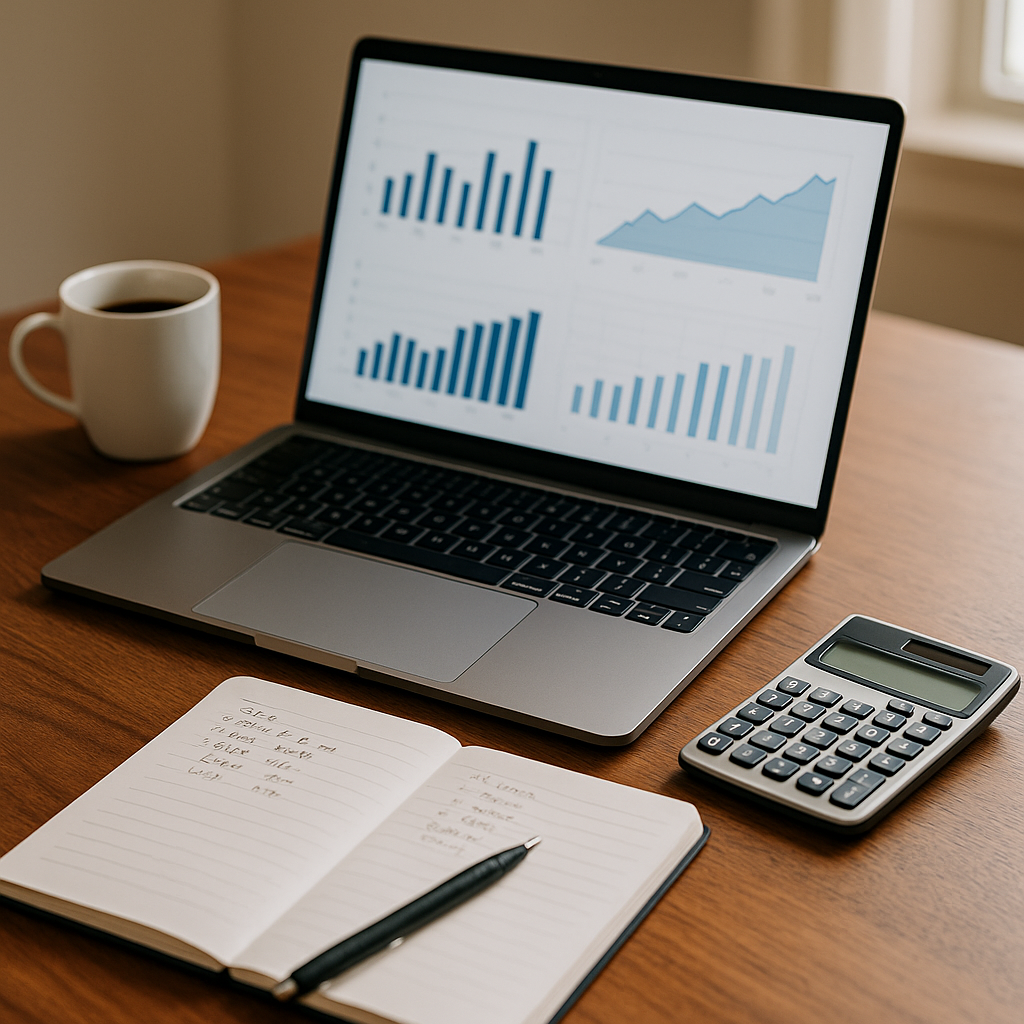 Laptop, calculator, and notebook with notes on a wooden table showing market data and pricing strategy for selling a home.