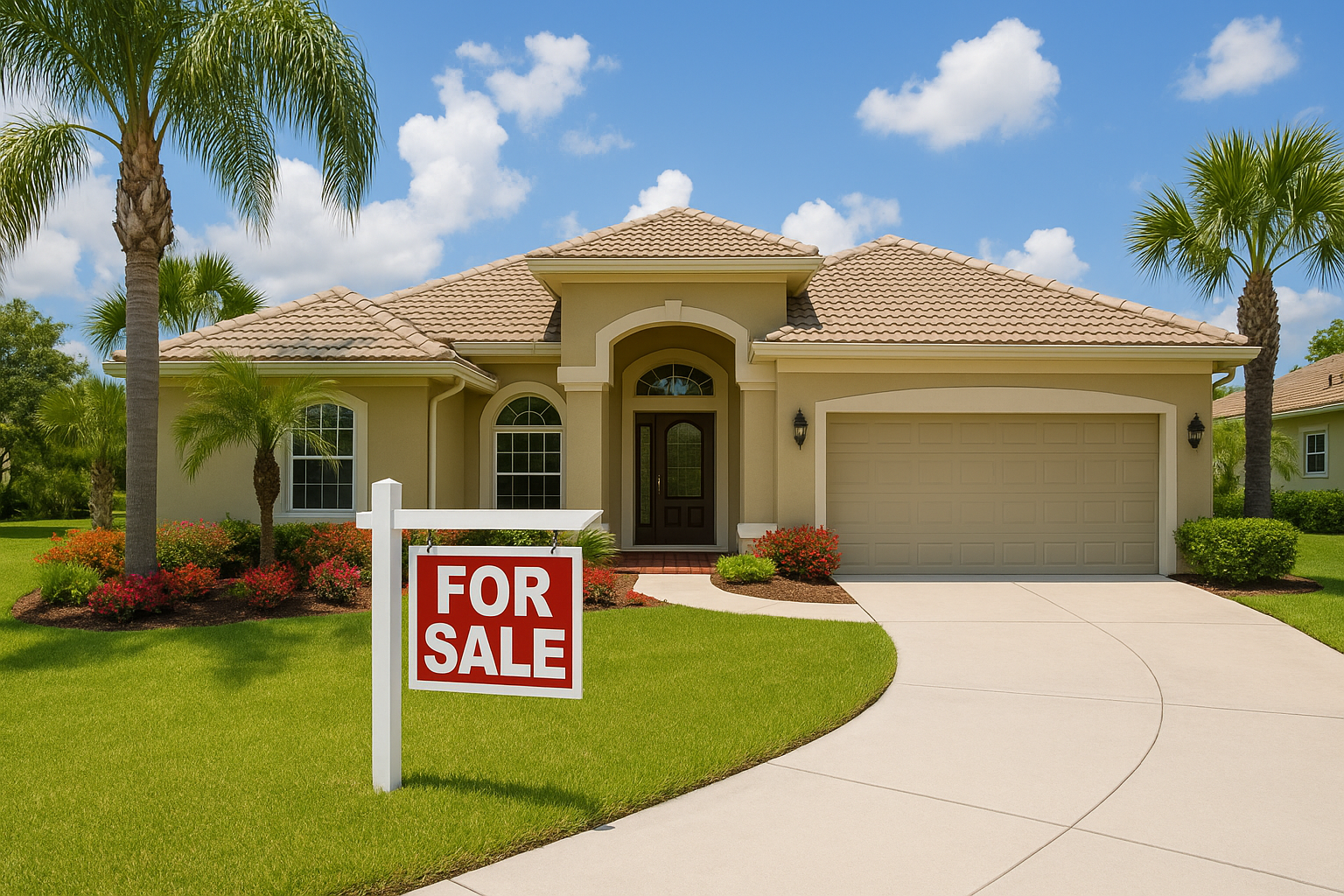 Illustration of a house for sale, symbolizing a step-by-step guide to buying your first home in Florida